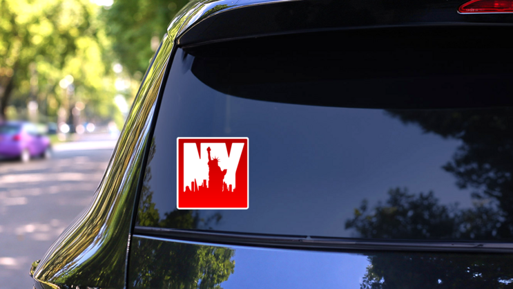 New York City Skyline Silhouette Letters Sticker on a Rear Car Window (New) example