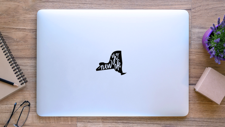 New York State Outline And Hand-lettering Transfer Sticker on a Laptop (New) example