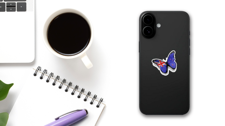 New Zealand Flag Butterfly Sticker on a Phone (New) example