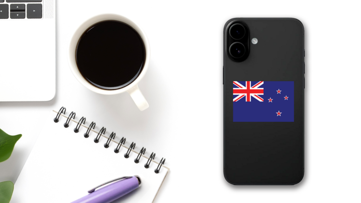 New Zealand Flag Sticker on a Phone (New) example