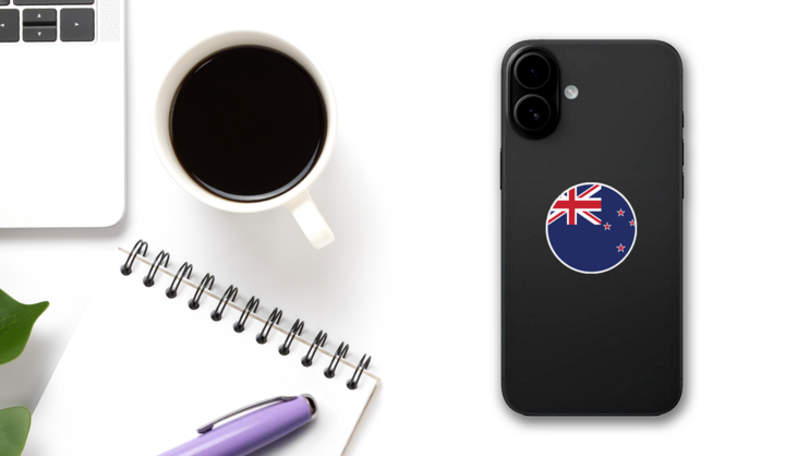 New Zealand Round Country Flag Sticker on a Phone (New) example
