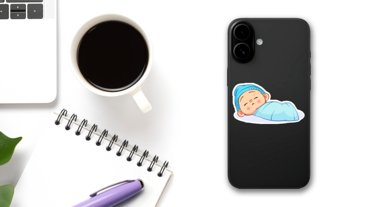 Newborn Sleeping Baby Boy Sticker on a Phone (New) example