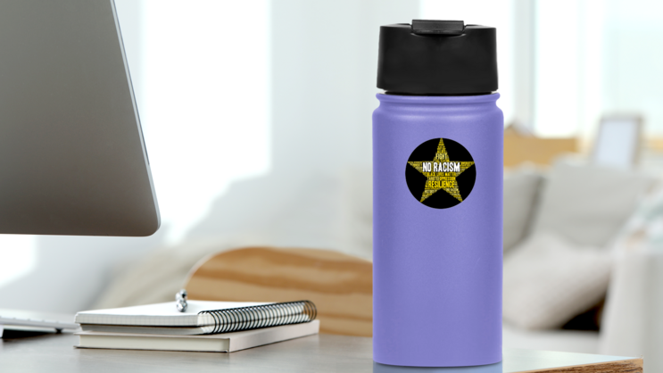 No Racism Word Cloud On Yellow Star on a Water Bottle (New) example