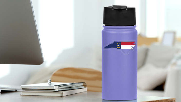 North Carolina Flag State Sticker on a Water Bottle (New) example