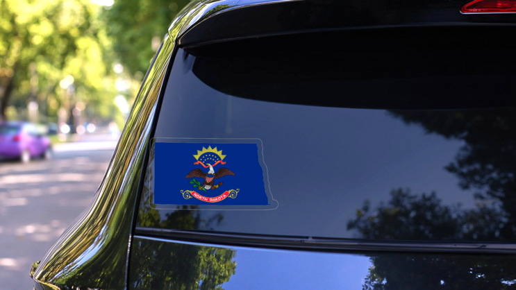 North Dakota Flag State Sticker on a Rear Car Window (New) example