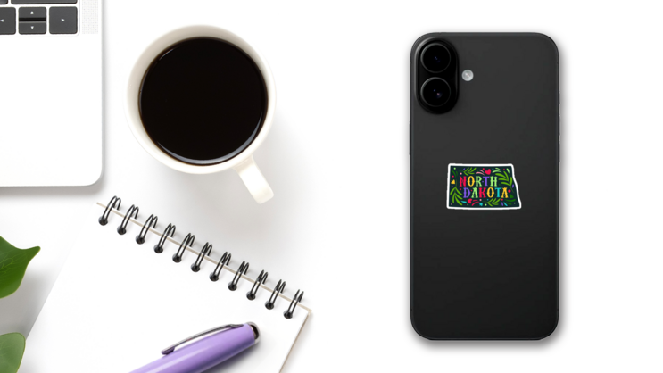 North Dakota State Map With Decorative Ornaments Sticker on a Phone (New) example