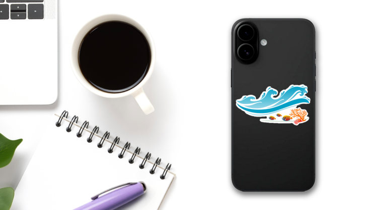Ocean Waves and Fish Sticker on a Phone (New) example