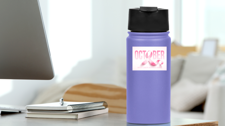 October Pink Ribbon Breast Cancer Awareness Sticker on a Water Bottle (New) example