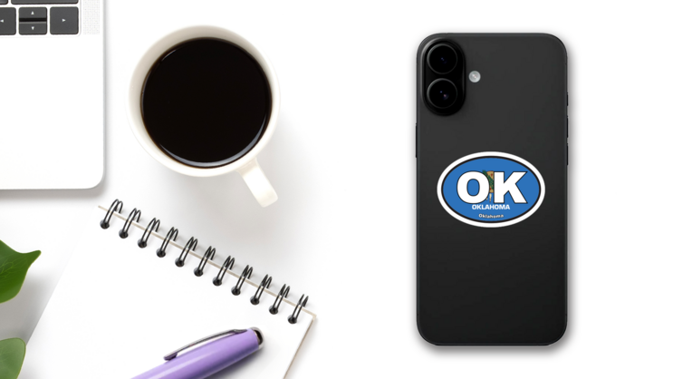 Oklahoma Ok State Flag Oval Sticker on a Phone (New) example