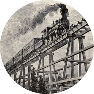 Old Illustration Of Train Crossing Wooden Bridge Sticker