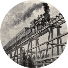 Old Illustration Of Train Crossing Wooden Bridge Sticker