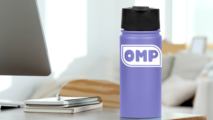 Omp Sticker on a Water Bottle (New) example