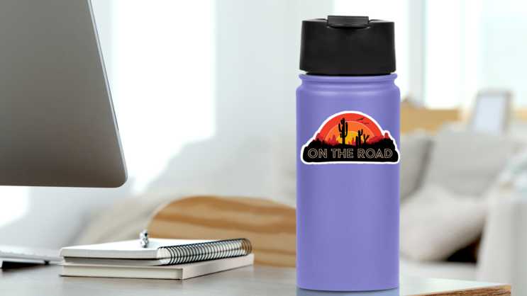 On The Road Cactus Sticker on a Water Bottle (New) example