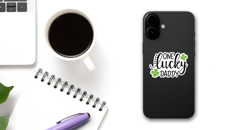 One Lucky Daddy Clover Sticker on a Phone (New) example