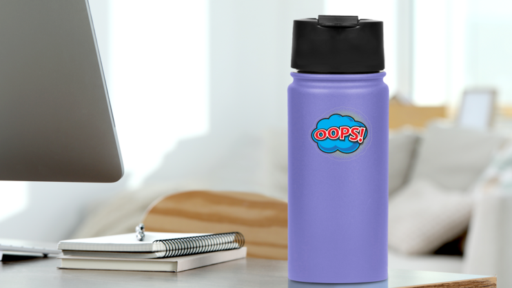 Oops Comic Sticker on a Water Bottle (New) example