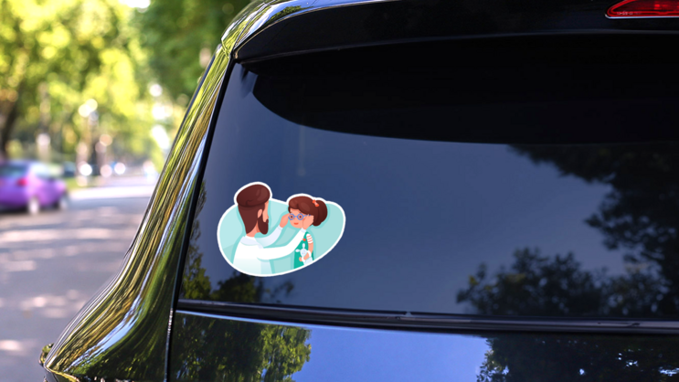 Optometrist Giving Girl Glasses Illustration Sticker on a Rear Car Window (New) example