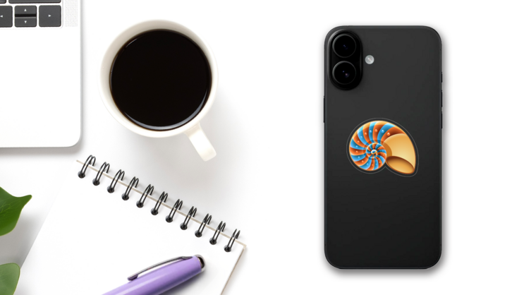 Orange and Blue Nautilus Shell Sticker on a Phone (New) example