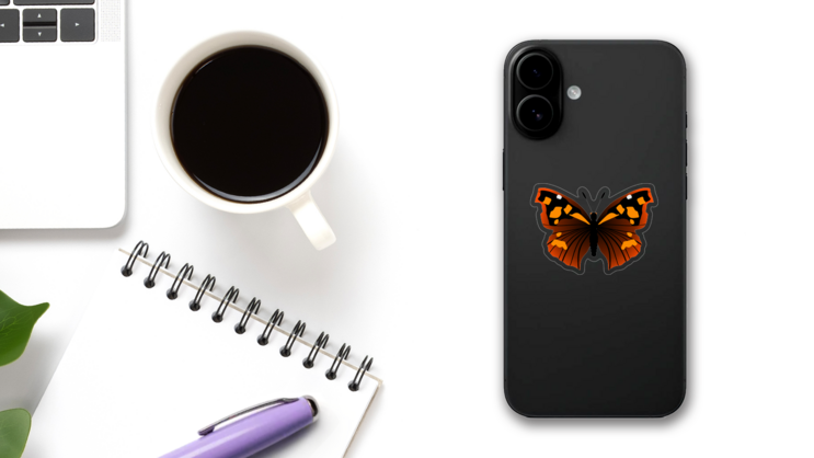 Orange and Red Butterfly Sticker on a Phone (New) example