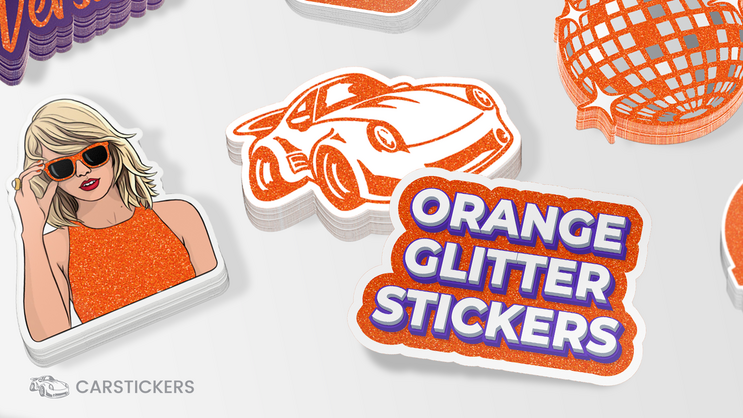 A collection of Taylor Swift themed stickers printed on orange glitter vinyl.