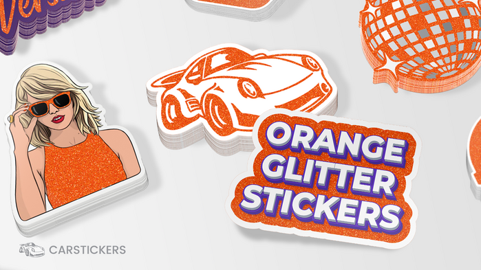 A collection of Taylor Swift themed stickers printed on orange glitter vinyl.