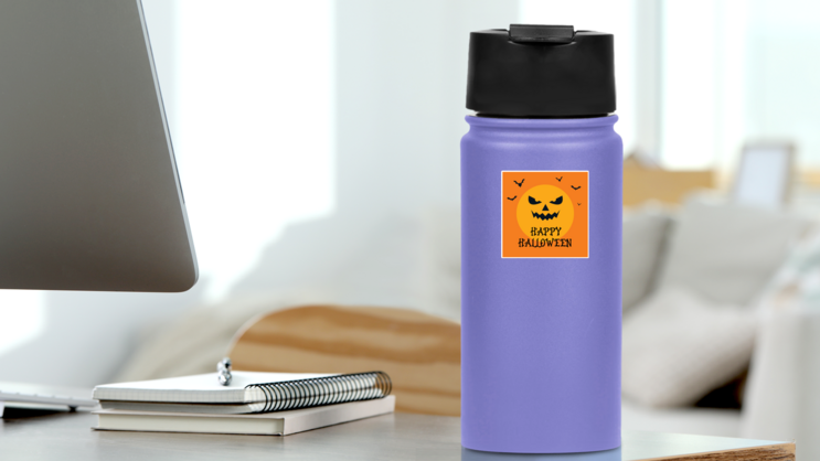 Orange Halloween Design Sticker on a Water Bottle (New) example