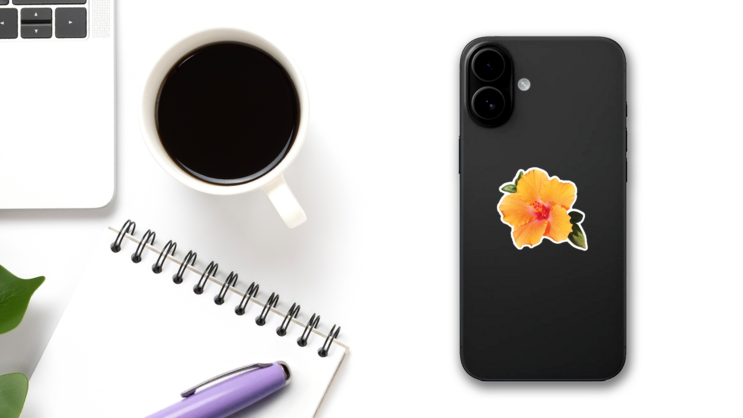 Orange Hibiscus Flower With Green Leaves Sticker on a Phone (New) example