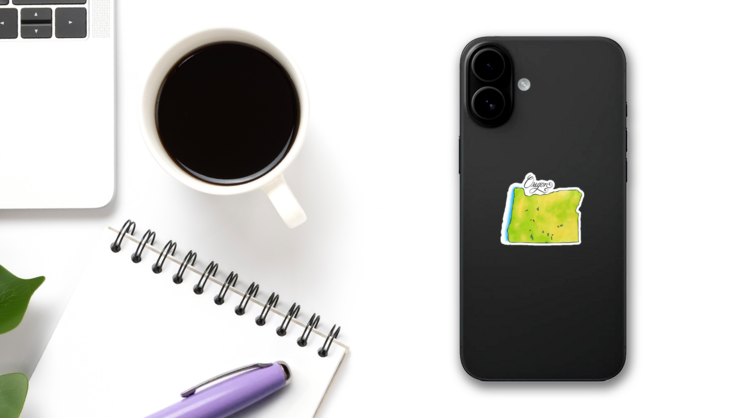 Oregon Map Illustration Sticker on a Phone (New) example