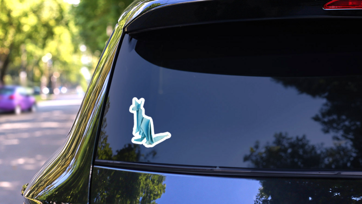 Origami Kangaroo Blue Paper Sticker on a Rear Car Window (New) example