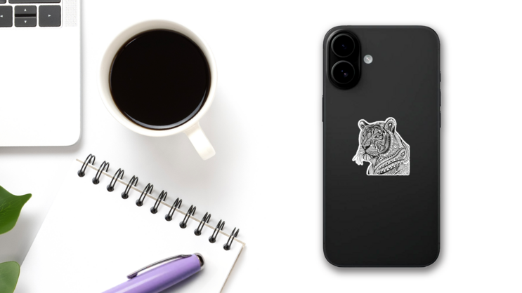 Ornamental Tiger Portrait Sticker on a Phone (New) example