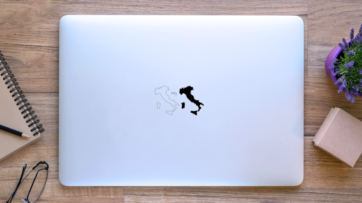 Outline And Silhouette Map Of Italy Lettering Sticker on a Laptop (New) example