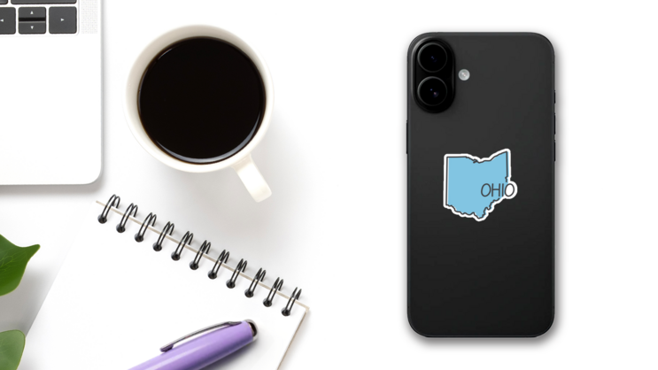 Outline Of Ohio Map With Lettering Illustration Sticker on a Phone (New) example