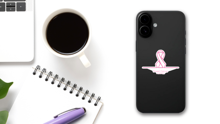 Outlined Breast Cancer Awareness Ribbon Sticker on a Phone (New) example