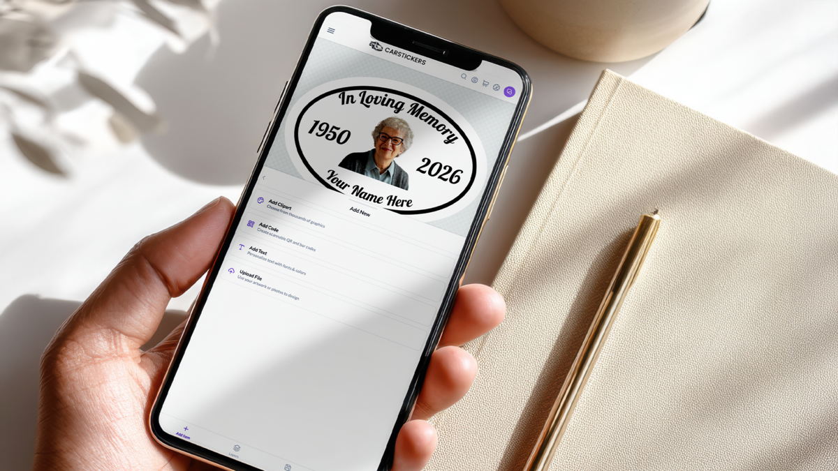 Custom In Loving Memory Oval Sticker Being Designed in Carstickers Design Tool on a Phone