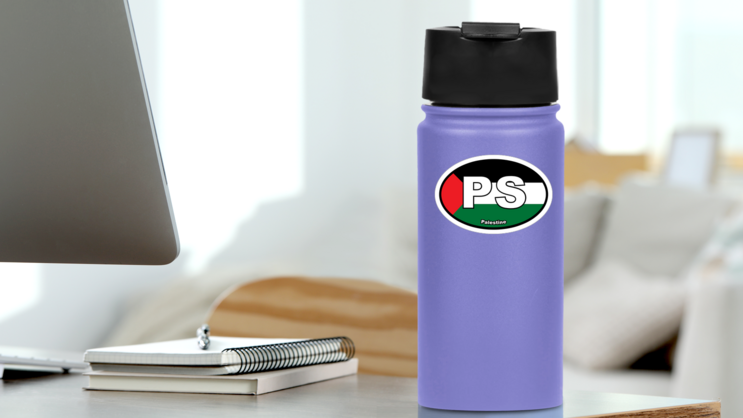Palestine Ps Flag Oval Sticker on a Water Bottle (New) example