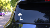 Palm Tree On Beach Sticker on a Rear Car Window (New) example