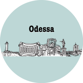 Panorama Of The City Of Odessa, Ukraine On Blue Sticker