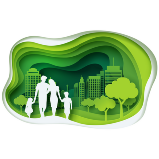 Paper Art Carving Of Family And Park On Green Town Shape Sticker