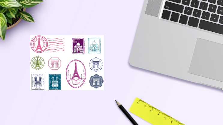 Paris Stamp Sticker Sheet on a Desk (New) example