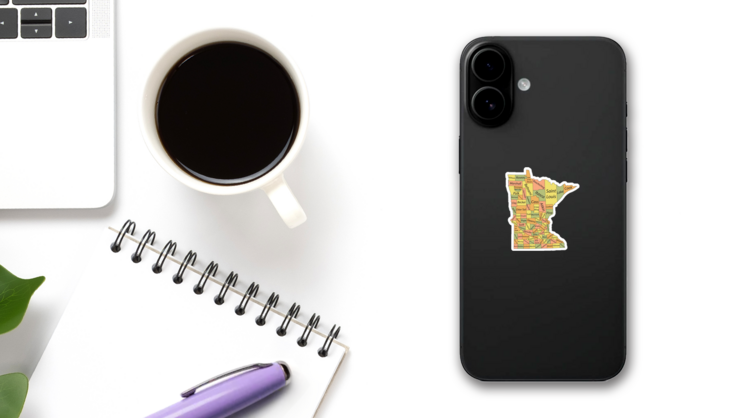 Pastel Map Of  Minnesota With Its Counties Sticker on a Phone (New) example