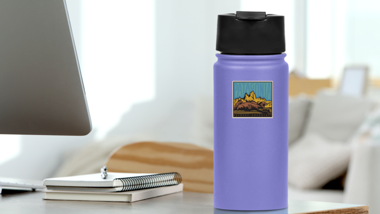 Patagonia Mountains Adventure Sticker on a Water Bottle (New) example