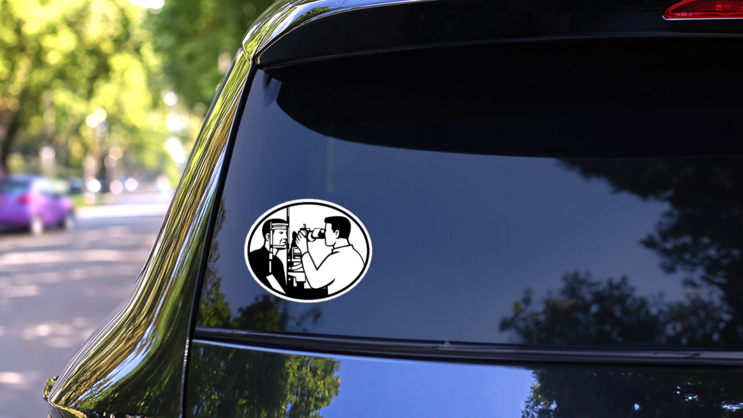 Patient And Optician Or Optometrist Retro Sticker on a Rear Car Window (New) example