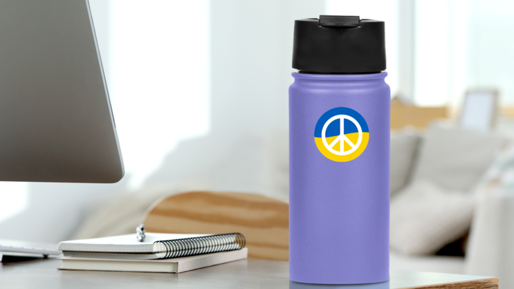 Peace Icon On Ukrainian Flag Sticker on a Water Bottle (New) example