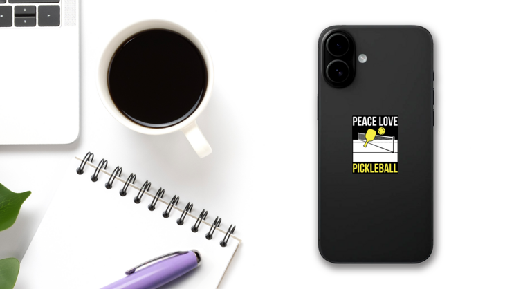 Peace Love Pickleball Sticker on a Phone (New) example