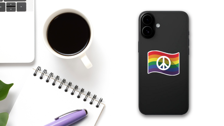Peace Pride Flag Sticker on a Phone (New) example