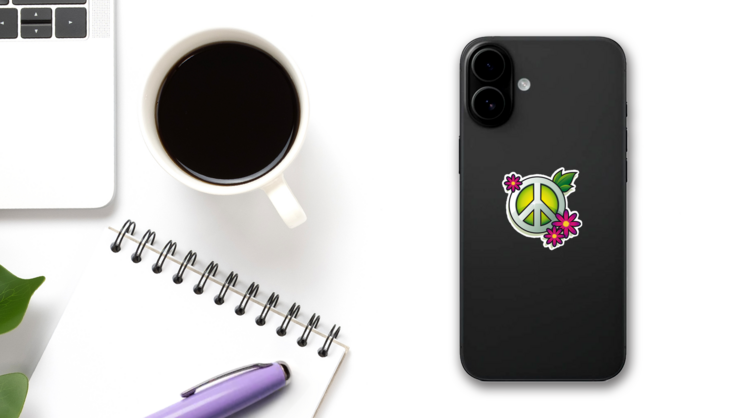 Peace Sign With Pink Flowers Sticker on a Phone (New) example