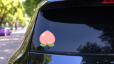 Peach Cartoon Sticker on a Rear Car Window (New) example