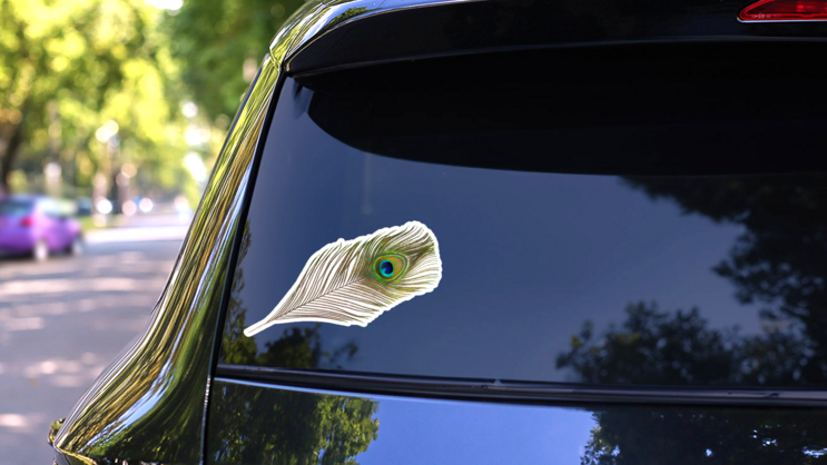 Peacock Feather On White Background Sticker on a Rear Car Window (New) example