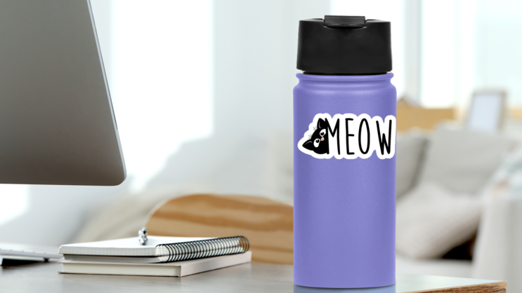 Peeking Meow Cat Sticker on a Water Bottle (New) example