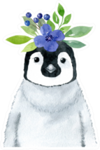 Penguin With Blue Flowers Wreath- Watercolor Illustration Sticker