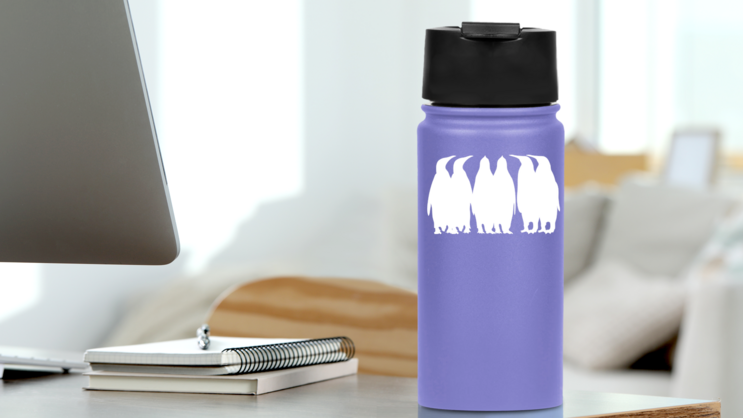Penguins In A Half Circle Sticker on a Water Bottle (New) example